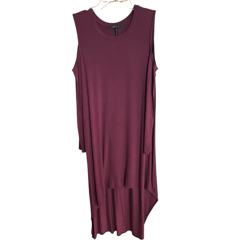 BCBGMaxAzria Asymmetrical High Low Cold Shoulder Wine Burgundy Dress Size L